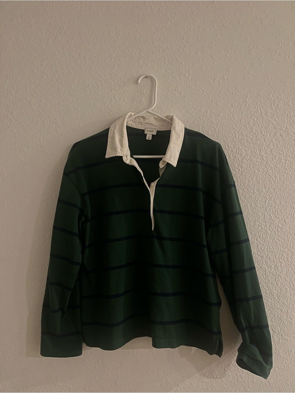 J. Crew Factory Dark Green Striped Rugby Top with White Collar